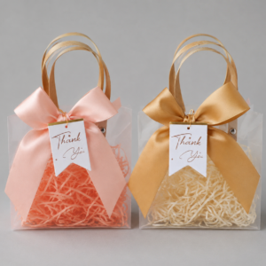 Pvc gift bag with shredded paper, ribbon and thank you note 20x20x8cm (comes as seen in the photo)